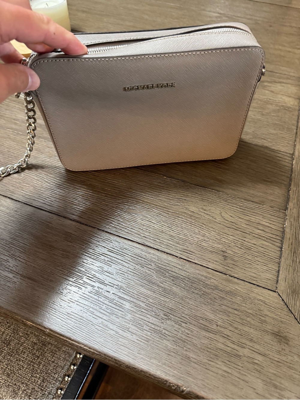 MICHAEL KORS Taupe/Grey Crossbody Camera Bag with Silver Chain